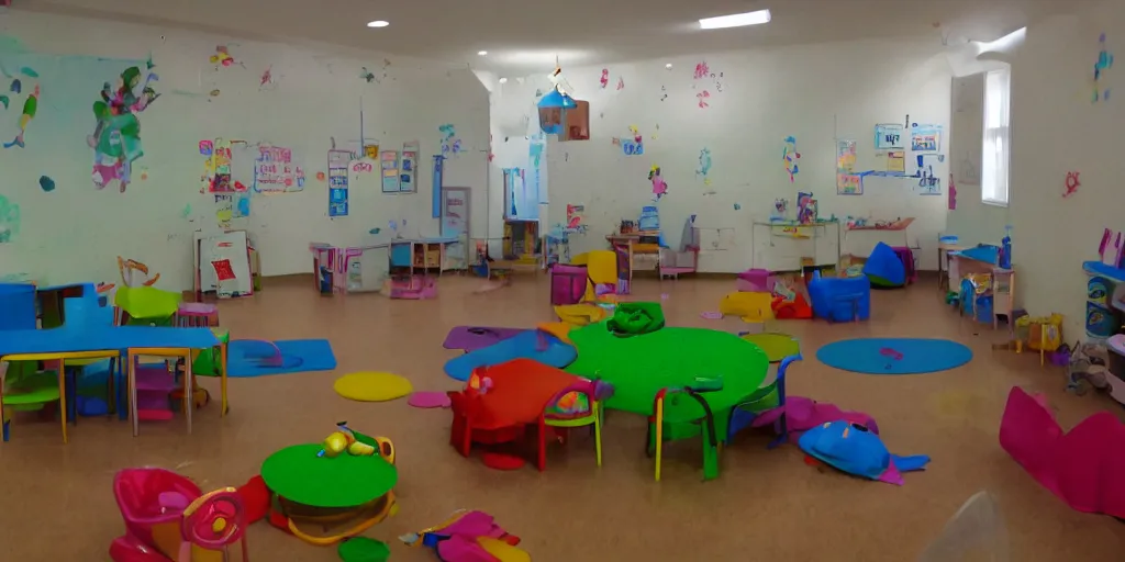 Image similar to childrens daycare indoors limital space, not well litt, creepy photo