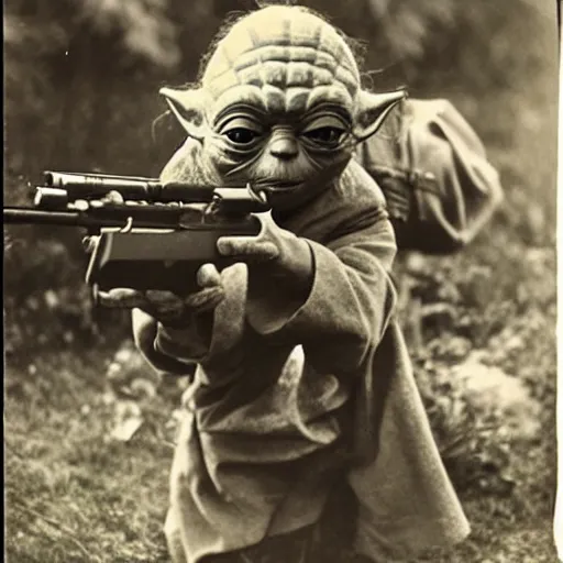 Image similar to old wartime photograph of yoda from star wars holding a lewis gun, 1 9 1 7