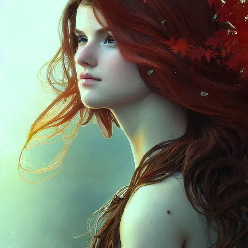 Image similar to girl with super long hair, hair becoming autumn red leaves, intricate, highly detailed, digital painting, artstation, concept art, smooth, sharp focus, illustration, unreal engine 5, 8 k, art by artgerm and greg rutkowski and alphonse mucha