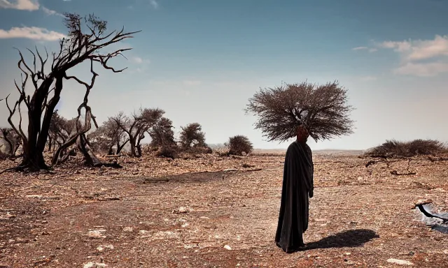 Image similar to medium shot of a nondescript crying ancient dried up Danu, peaceful, facing the camera and standing in front of a dried up river in a desolate land, dead trees, blue sky, hot and sunny, highly-detailed, elegant, dramatic lighting, artstation, 4k, cinematic landscape, photograph by Elisabeth Gadd