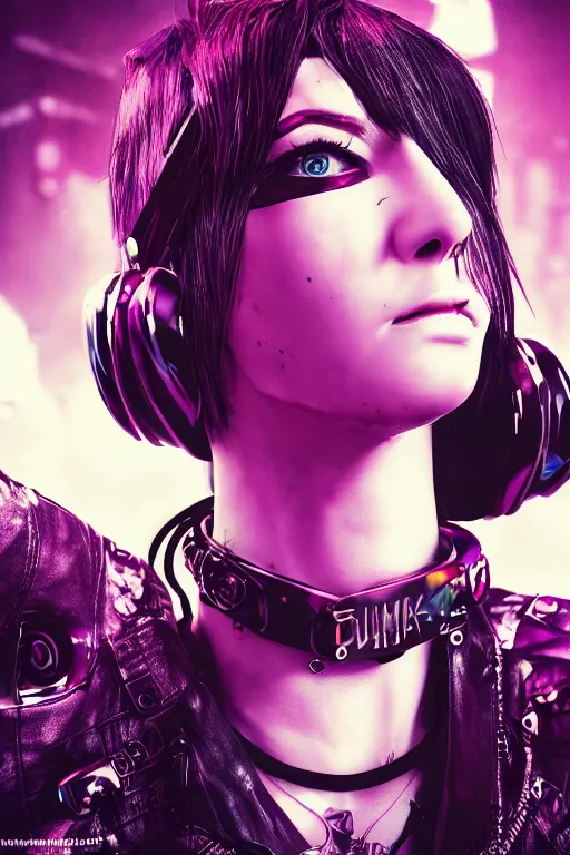 Image similar to detailed realistic female rock star cyberpunk wearing thick technological collar around neck, realistic, art, beautiful, 4K, collar, choker, collar around neck, punk, artstation, detailed, female, woman, choker, cyberpunk, neon, punk, collar, choker, collar around neck, thick collar, tight around neck, punk,