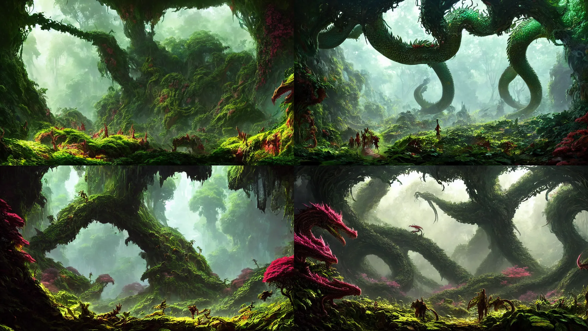 Prompt: an overgrown forest full of serpentine dragons and birdlike dragons, full of glowing plants and vividly colored flowers, with warm light dappled through the leaves, and a vine-covered cave entrance in shadow,, Wadim Kashin, in Peter Elson color scheme, featured in artstation, octane render, cinematic, elegant, intricate, 8k