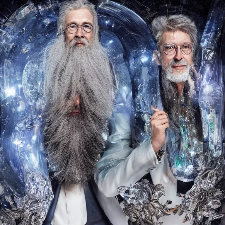 Prompt: high fashion photoshoot octane render portrait by wayne barlow and carlo crivelli and glenn fabry, a distinguished sci - fi futuristic psychedelic wizard with a long white beard wearing a clear plastic iridescent jacket and holding a magical adorable critter while standing inside a futuristic beautiful boutique fantasy hotel lobby, very short depth of field, bokeh