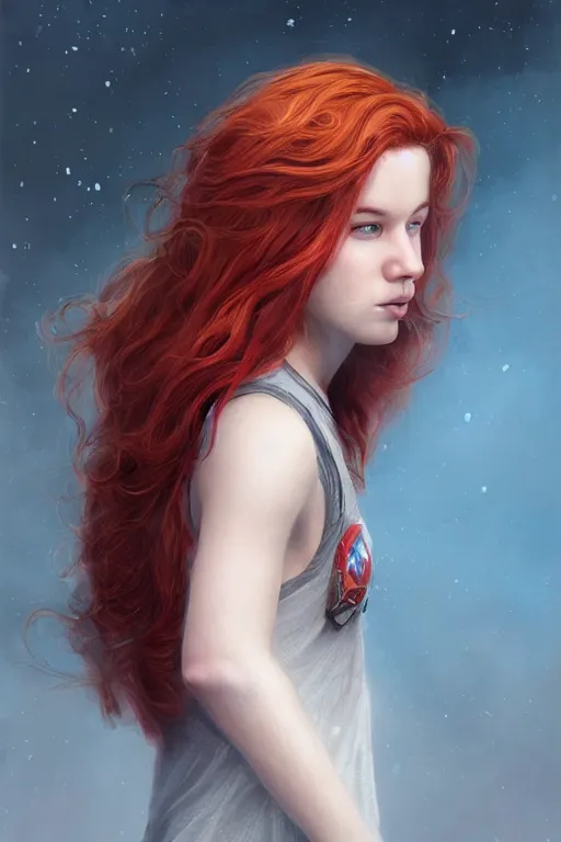 Image similar to ultra realistic style illustration of a beautiful cute red haired joyful 1 9 year old teen, full portrait, long hair, sci - fi, fantasy, intricate, elegant, digital painting, artstation, concept art, smooth, sharp focus, 8 k frostbite 3 engine, ultra detailed, art by artgerm and greg rutkowski and magali villeneuve