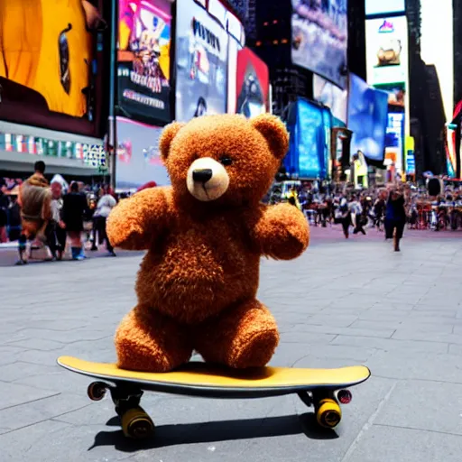 Image similar to a teddy bear on a skateboard in times square