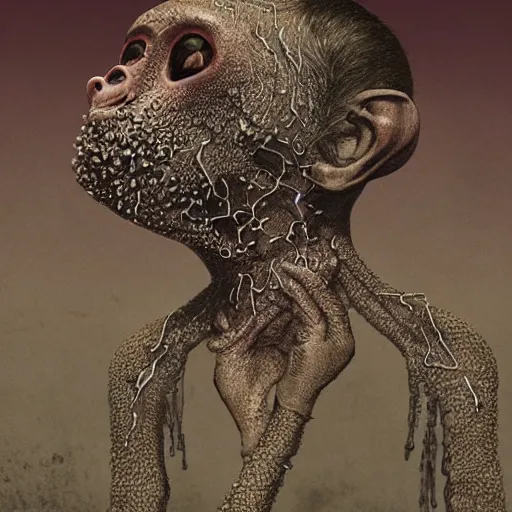 Prompt: measles on a deformed hideous pustule covered monkey, sores, bumps, skin wounds, surface hives, growths, horror, fantasy, highly detailed, by Dan Hillier