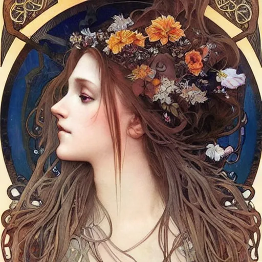 Prompt: realistic detailed face portrait of a beautiful young fox woman chimera with oak leaves in her hair by Alphonse Mucha, Ayami Kojima, Amano, Charlie Bowater, Karol Bak, Greg Hildebrandt, Jean Delville, and Mark Brooks, Art Nouveau, Neo-Gothic, gothic, rich deep moody colors