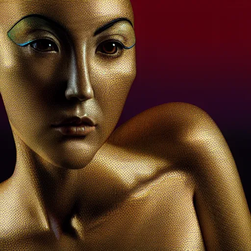 Prompt: hyperrealism aesthetic photography in araki nobuyoshi style quntum computer simulation visualisation of parallel universe dramatic scene with detailed dragon woman with detailed face and perfect eyes and wearing retrofuturistic sci - fi neural interface designed by josan gonzalez. hyperrealism photo on pentax 6 7, by giorgio de chirico volumetric natural light rendered in blender