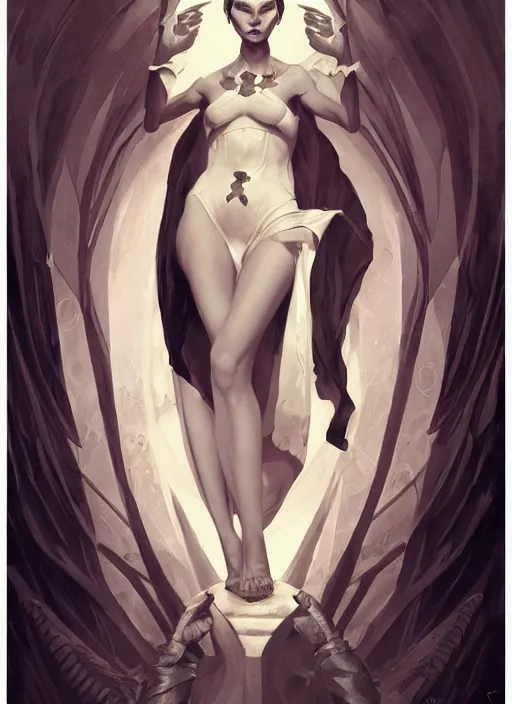 Image similar to tarot!!, high priestess, no noise, elegant, concept art, sharp focus, beautiful face!!, digital art, smooth defined outlines!!, human anatomy, human structure, vector background, dark fantasy, by Brom, trending on Artstation, Tom Bagshaw, Sargent