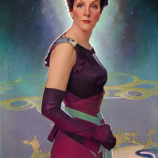 Image similar to a painting of majel barrett as lwaxana troi, beautiful art by artgerm and greg rutkowski and alphonse mucha