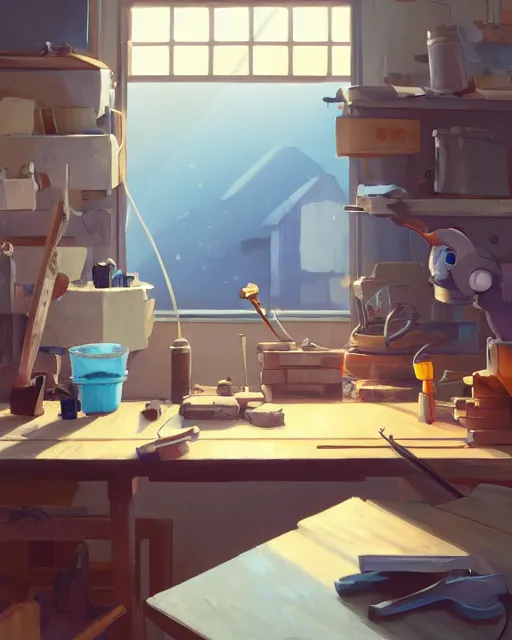 Prompt: tools on working table at woodworker shop, detailed, cory loftis, james gilleard, atey ghailan, makoto shinkai, goro fujita, studio ghibli, rim light, exquisite lighting, clear focus, very coherent, plain background, soft painting