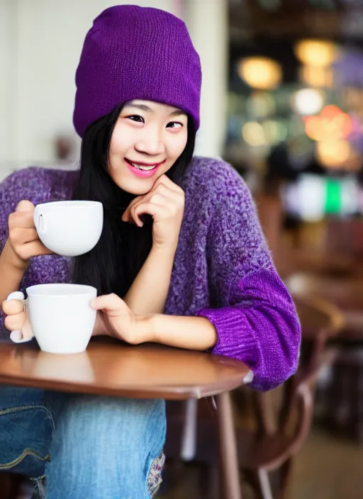 Prompt: young adult asian woman in a coffee shop wearing a beanie and a purple cyberpunk sweater with led light elements smiling, natural light, magazine photo, 5 0 mm