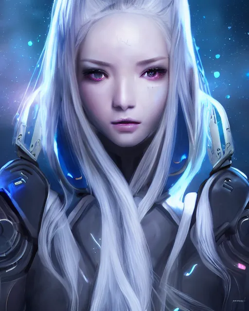 Image similar to perfect android girl, warframe armor, beautiful face, scifi, futuristic, galaxy, nebula, bae suzy, dreamy, long white hair, blue cyborg eyes, cinematic lighting, highly detailed, very cute, focused, artstation, divine, by gauthier leblanc, kazuya takahashi, huifeng huang, jama jurabaev