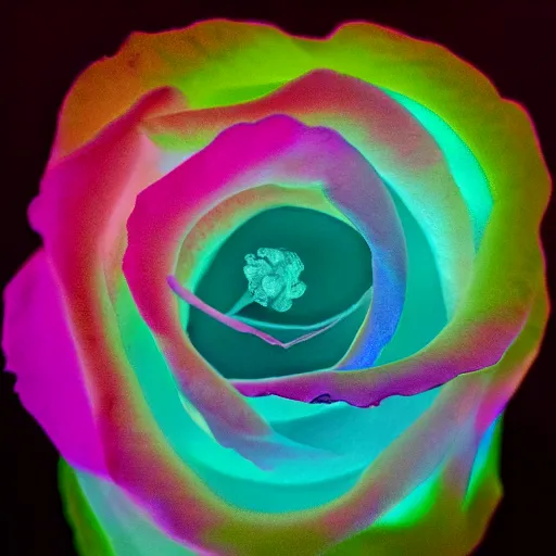 Image similar to award - winning photo of a prismatic, bio - luminescent, pastel colored, rose chimera