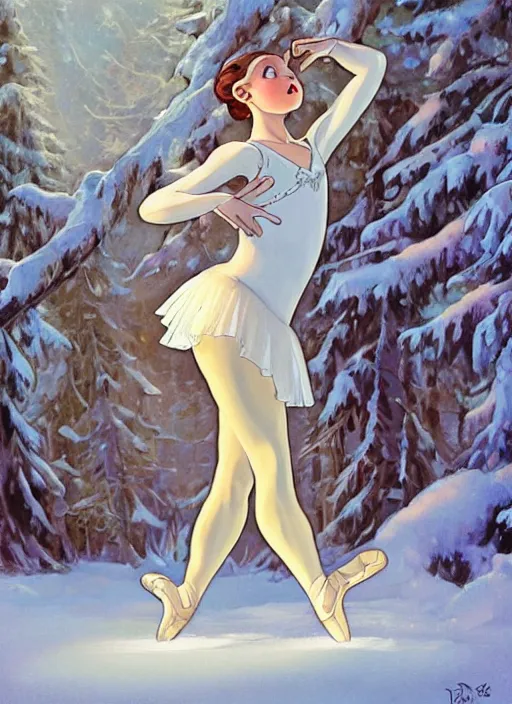 Prompt: well - lit art nouveau portrait of a 1 3 - year old ballet girl dancing in the snow, natural lighting, path traced, highly detailed, high quality, cartoon, digital painting, by don bluth and ross tran and studio ghibli