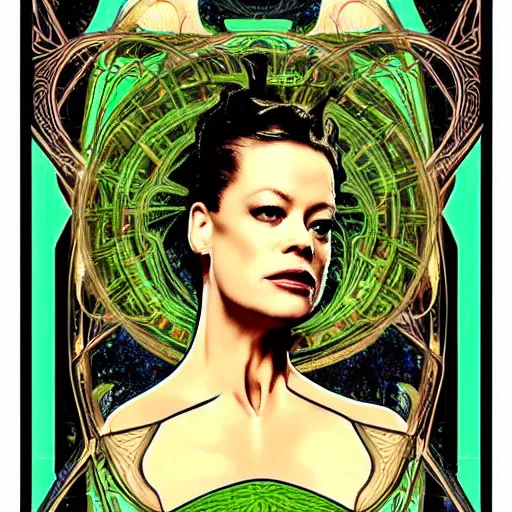 Image similar to Jeri Ryan in the role of Seven of Nine the Borg from star trek, art nouveau, amazing details, intricate details, beautiful ,insane details , tarot card, black paper, neon green, fractal system circuit , in the style of Alphonse Mucha,
