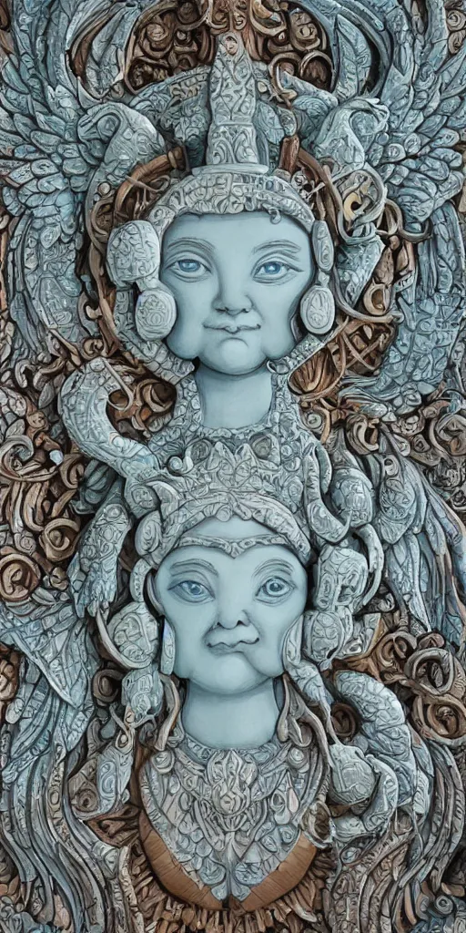 Image similar to intricate colourfully painted carved Soapstone relief paneling, white and pale blue , celestial, piggy, pig goddess, mother earth, Earth Goddess mythology, Gaia, angels, divinity, Ghostly, crystaline celtic, insanly detailed , artstation, wallpaper, hyper realistic, realistic lighting