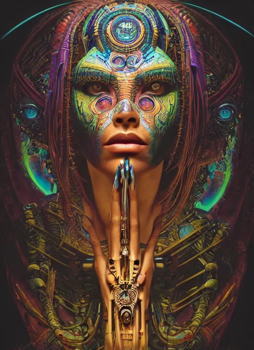 Image similar to masterpiece portrait of an beautiful aztec girl with biomechanical modifications surrounded by chromatic ink pour and flowing liquid complex sacred geometry, powerful, cinematic, dramatic lighting, by elden ring, h. r. giger, beksinski, alphonse mucha, artgerm, donato giancola, tom bagshaw, trending on cgsociety, octane render, 8 k