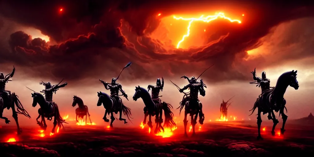 Prompt: ”four horsemen of the apocalypse riding skeleton horses towards the camera [epic, cinematic, scary, intimidating, horror, war, battle, hell, storm clouds, lightning, octane render, 8k, mattepainting, art by wlop and paul lehr and greg rutkowski]”