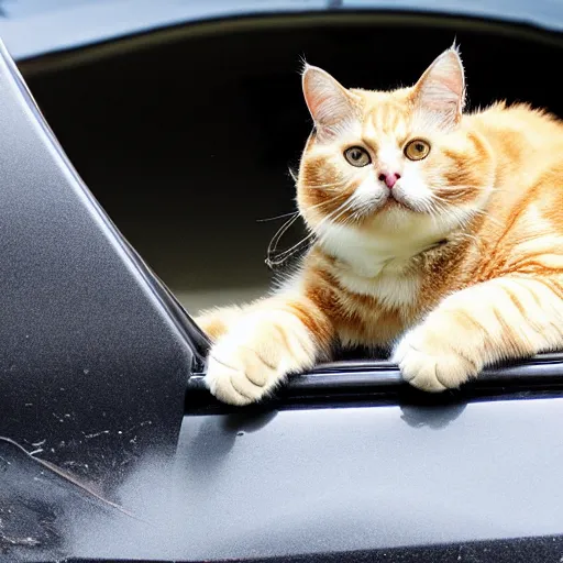 Prompt: photo cat of which lying on the car