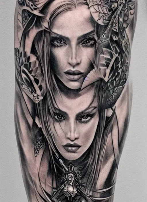 Image similar to tattoo design of a hyper - realistic beautiful girl warrior, hyper detailed, in the design of eliot kohek, white background