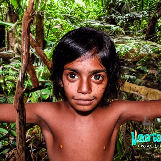 Image similar to a professional polaroid full body photo of a sri lankan jungle girl, black hair, light freckled skin and a look of panic on his face. extremely high fidelity. key light.