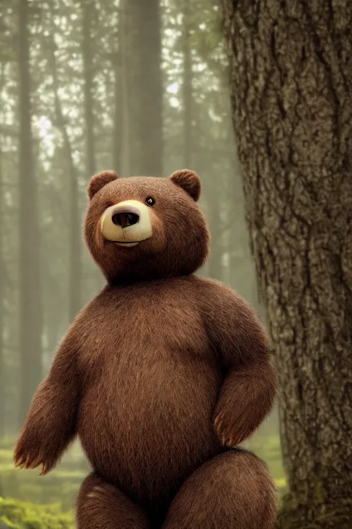 Image similar to cinematic shot of a cute anthropomorphic bear standing in the forest with his hands on his waist by greg rutowski and his face by pixar with a warm smile and big green eyes,, 8 k, masterpiece