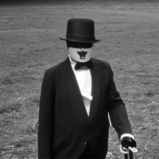 Image similar to a film still of a man holding a cane wearing a black suit and a bowler hat with a robotic face walking in a empty field in a 60s movie, black and white