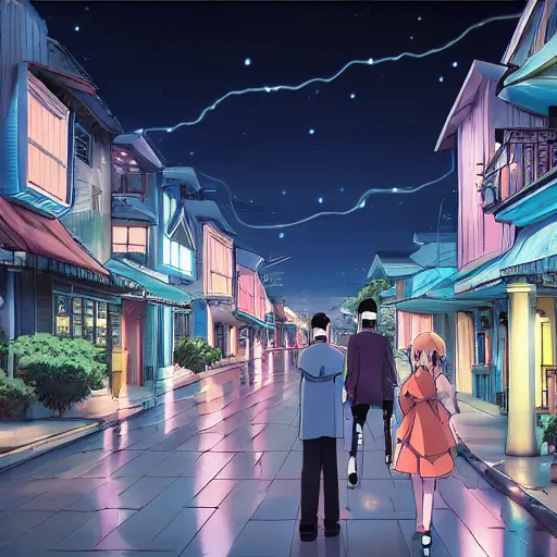 Image similar to key anime visual of a costal florida town at midnight, dark outside, modern anime style, official anime still