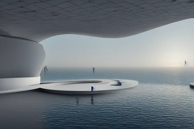 Image similar to pierre cardin's architecture is formed by the intersection of many white egg shaped spherical spaces. on the calm lake surface, people's perspective, future, interior wood, marble, award winning, highly detailed 4 k art, dusk, unreal engine highly rendered, global illumination, radial light, internal environment