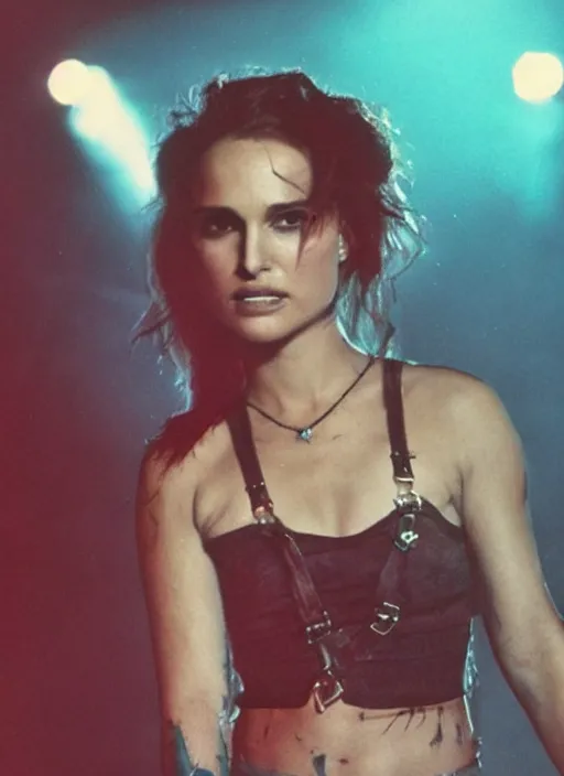 Image similar to promotional image of natalie portman as a british punk rocker in the 80s, rugged black clothes, colorful dyed short hair, tatoos, detailed face, movie still frame, promotional image, imax 70 mm footage