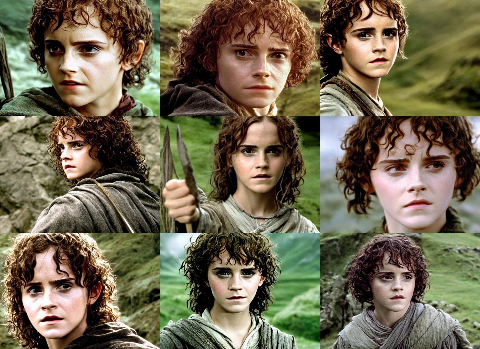 Prompt: medium shot of emma watson as frodo baggins in the lord of the rings : the fellowship of the ring ( 2 0 0 1 film ), detailed face, movie still frame, promotional image, arriflex 4 3 5 camera footage