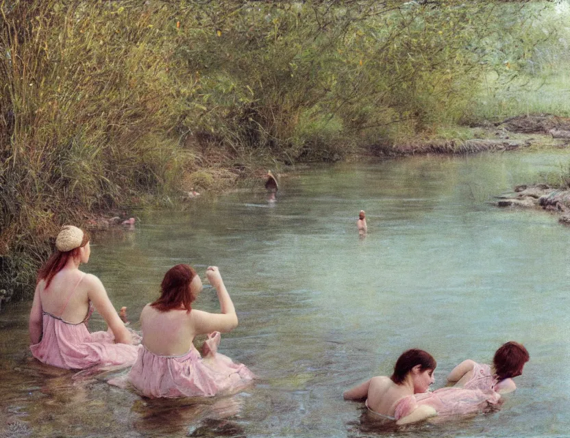 Image similar to peasant girls swimming in a river, cottage core, cinematic focus, polaroid photo bleached vintage pastel colors high - key lighting, soft lights, foggy, by steve hanks, by lisa yuskavage, by serov valentin, by tarkovsky, 8 k render, detailed, oil on canvas