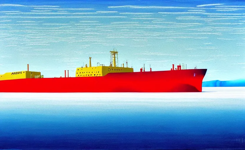 Image similar to a surreal colourful painting of arctic ice breaker going through ice field with epic cracks