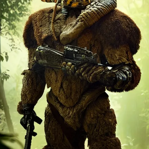 Image similar to cinematic, 4 k, full body portrait, rock golem as a soldier smoking a cigarette, still from the movie predator