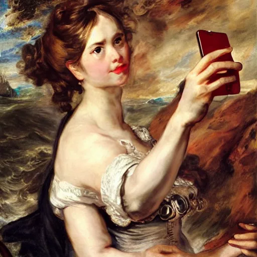 Image similar to heavenly summer sharp land sphere scallop well dressed lady taking a selfie with her cellphone auslese, by peter paul rubens and eugene delacroix and karol bak, hyperrealism, digital illustration, fauvist, cellphone