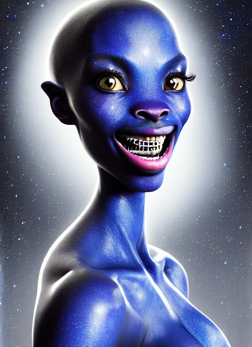 Prompt: a photorealistic portrait, stunningly beautiful hyper detailed blue avatar alien girl, big mysterious black alien eyes, white teeth, braces, professionally retouched, soft lighting, hyper realistic, small nose, pretty mouth, black hair, beautifully detailed colorful starry sky, wide angle, sharp focus, 8 k high definition, 6 4 megapixels, insanely detailed, stunningly beautiful