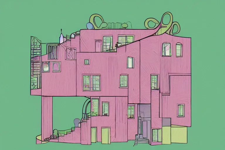 Image similar to a pink and green illustration of a cross section of a house, a storybook illustration by muti and tim biskup, featured on dribble, arts and crafts movement, behance hd, storybook illustration, dynamic composition