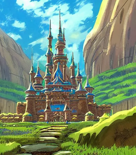Image similar to A Huge Castle by Miyazaki Nausicaa Ghibli, breath of the wild style, epic composition