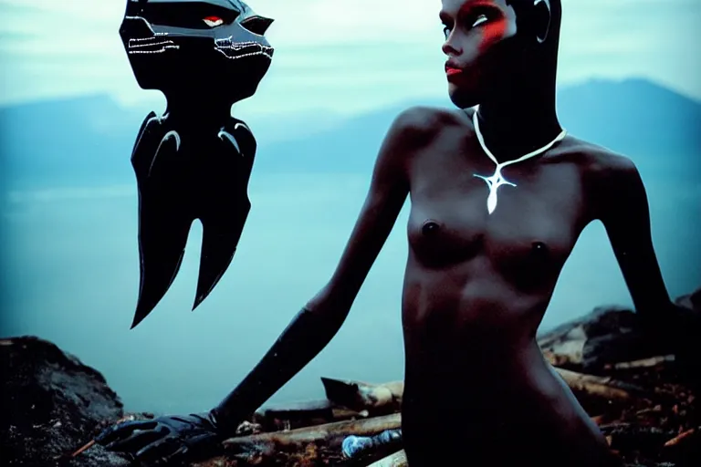 Prompt: slick evangelion sorceress pelvic incredible unholy black panther monster with testicles stuck underwater on the background in the mountains during a lightning storm explosions, beautiful flawless face with soulful blue eyes starting at the camera alone at a campfire at dusk, a soulful expression, dramatic explosive lighting in the mountains on foot, a wise facial expression young attractive professional model face, 35mm film, moody cinematic lighting