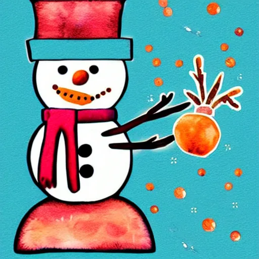 Prompt: snowman with carrot whimsical cute mixed media winter icon collage illustration in soft watercolor style, ice blue cold hues