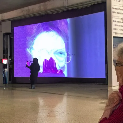 Image similar to taking a photo of an old woman with the screen showing scary realistic aliens, background showing old lady
