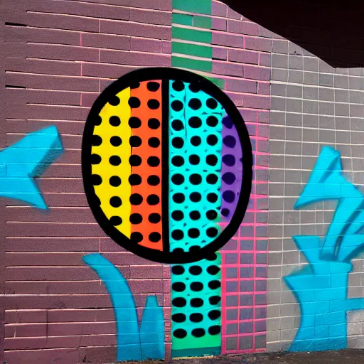 Prompt: wall with graffiti of man with one eye made with colored circles and lines, by Julien Durix