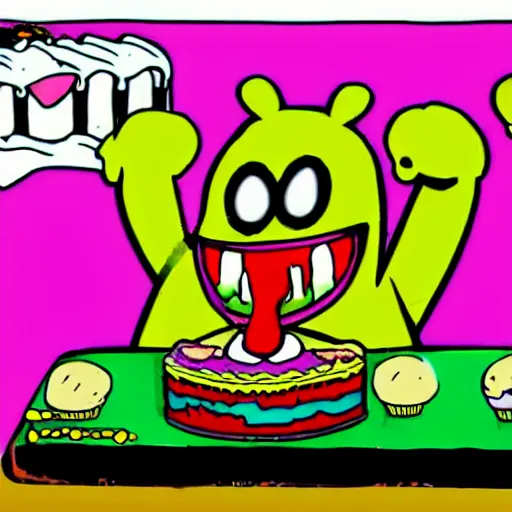 Image similar to a cake monster eating a cake. Saturday morning cartoon. VHS style.