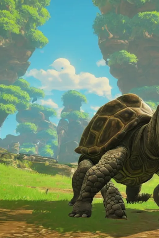 Image similar to in game footage of a giant tortoise from the legend of zelda breath of the wild, breath of the wild art style.