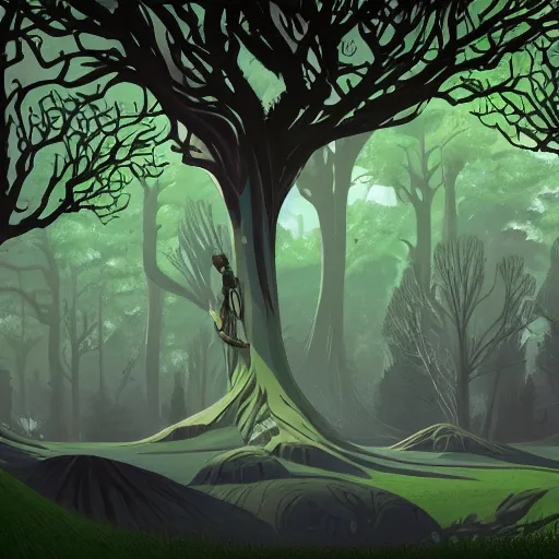 Image similar to a tree of the magical world, green tones, animated film, stylised, illustration,, fantasy art, 2 d game art, by eyvind earle, scott wills, genndy tartakovski, roman shipunov, etienne hebinger, atey ghailan, cgsociety, cynical realism