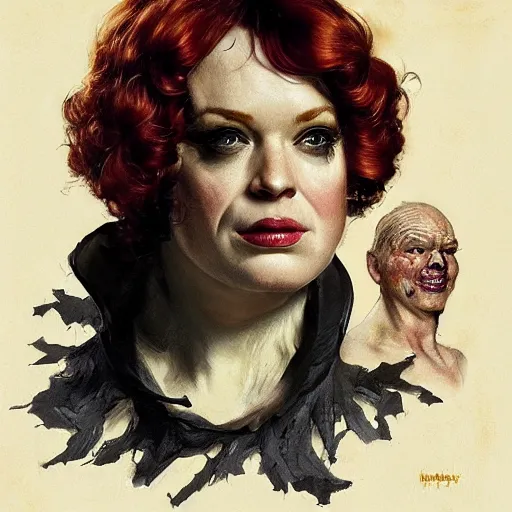 Image similar to dramatic upper body portrait of christina hendricks as baron harkonnen, by norman rockwell and boris vallejo, artstation, concept creature character art