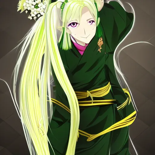 Image similar to long white hair in ponytail, tall, green and gold clothed, flower, genshin impact style, anime, 3 d anime portrait