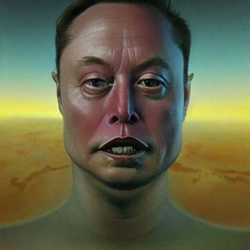 Image similar to god emperor elon musk as a zdzisław beksinski painting