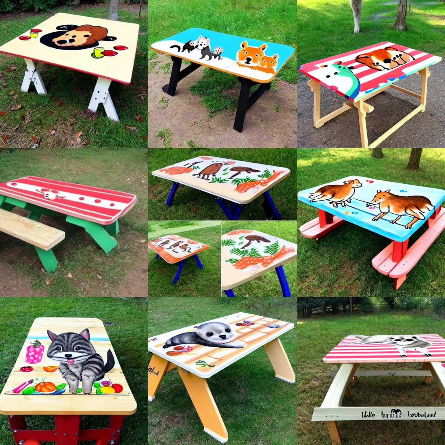 Prompt: a picnic table with cute animals illustrations painted onto it